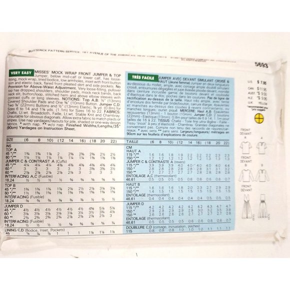 Butterick Pattern #5693 Wrap Front Jumper &Top UNCUT S1ze 12 14 16 ©1991 - Picture 2 of 3